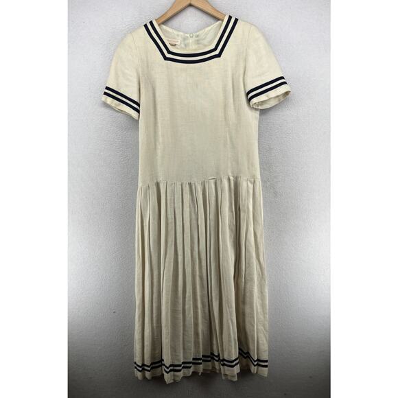 BROOKS BROTHERS Dress 4 Sailor Fit & Flare Pleated Linen Canvas Off White VTG - Picture 1 of 16